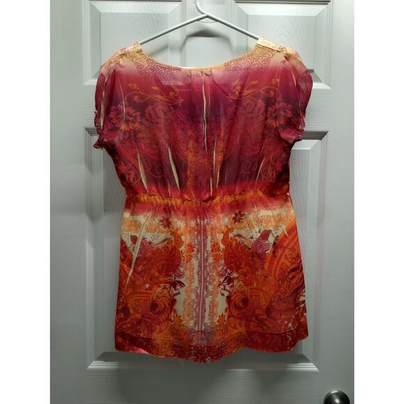 Unity World Wear Women Size XL Orange Pink Abstract Short Sleeve Mixed Print Top - Picture 3 of 7